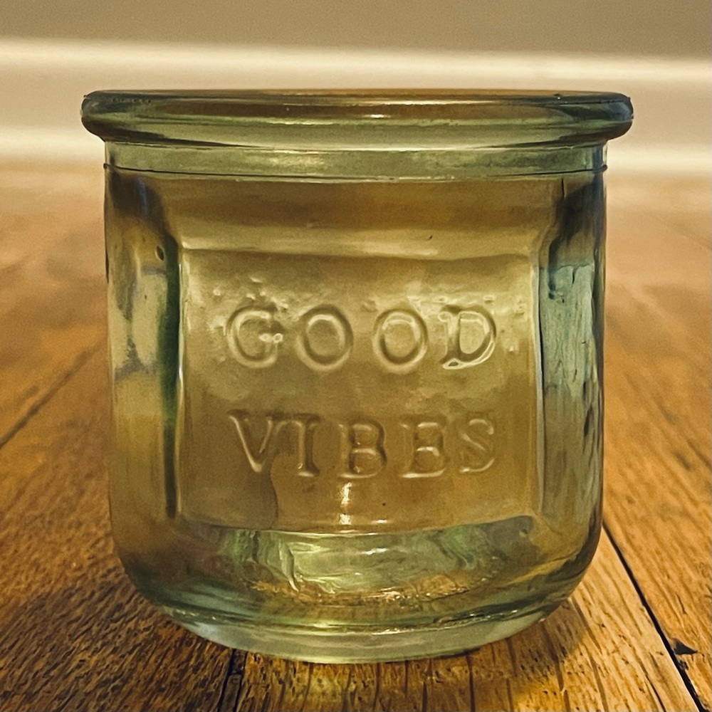 Good Vibes green glass small jar decor